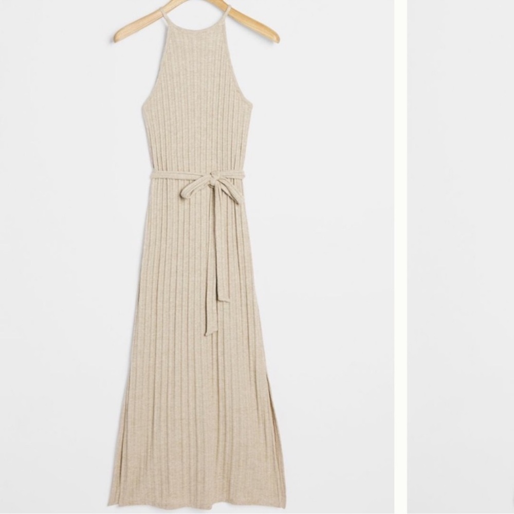 Tan knit Anthropologie dress with tie waist